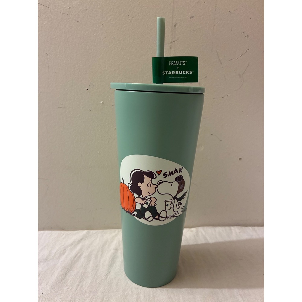 Starbucks Peanuts Snoopy Lucy Cold Cup Tumbler 24oz Sage Green Stainless Steel